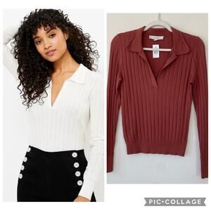 NWT LOFT Polo Style Ribbed Sweater in Brick Red Collar Size S Lightweight
